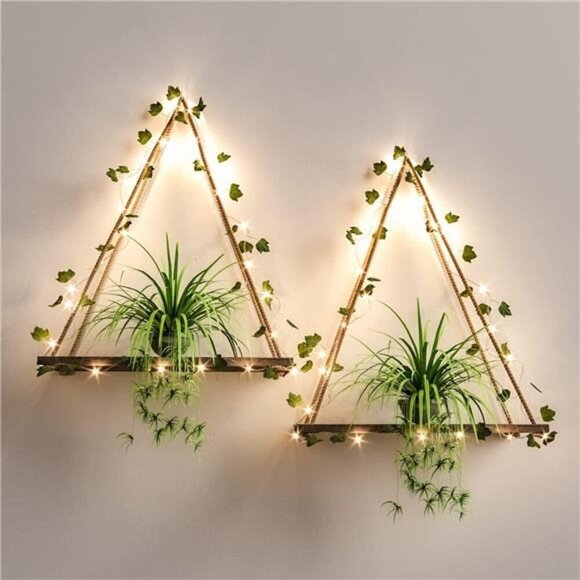 Artificial Ivy LED-Strip Wall Hanging Shelves Set of 2, Macrame Shelf Bedroom - Picture 1 of 7